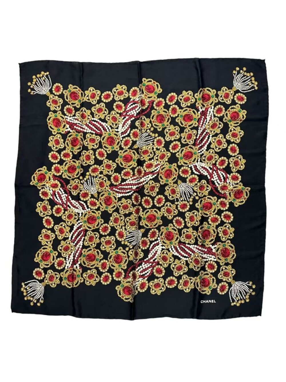 Chanel Scarf Silk Pattern Black Multicolor